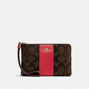 COACH CORNER ZIP WRISTLET IN SIGNATURE CANVAS F58035 BROWN/TRUE RED/SILVER